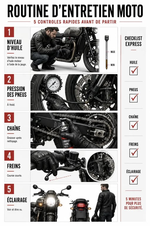Comment bien entretenir sa moto pour éviter les pannes coûteuses avec contrôle de l'huile, des pneus, de la chaîne, des freins et de l'éclairage